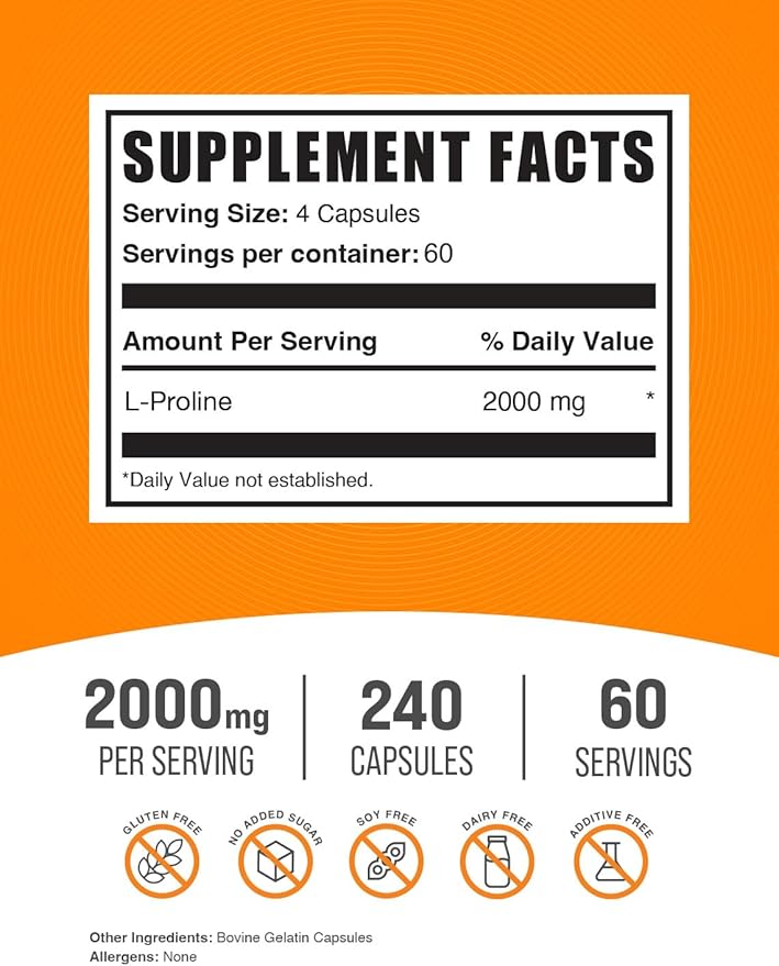 BulkSupplements.com L-Proline Capsules - Amino Acid Supplement, L-Proline 2000mg, Proline Supplements - Gluten Free, 4 Capsules per Serving, 240 Count (Pack of 1)