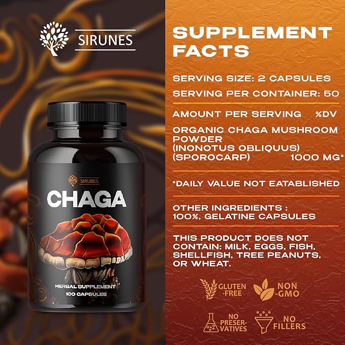 SIRUNES Mushroom Supplement Chaga Mushrooms Capsules 100 Count – 1000mg Natural Organic Mushrooms with Chaga Mushroom Powder – Antioxidant Supplement for Immune Support, Energy Boos