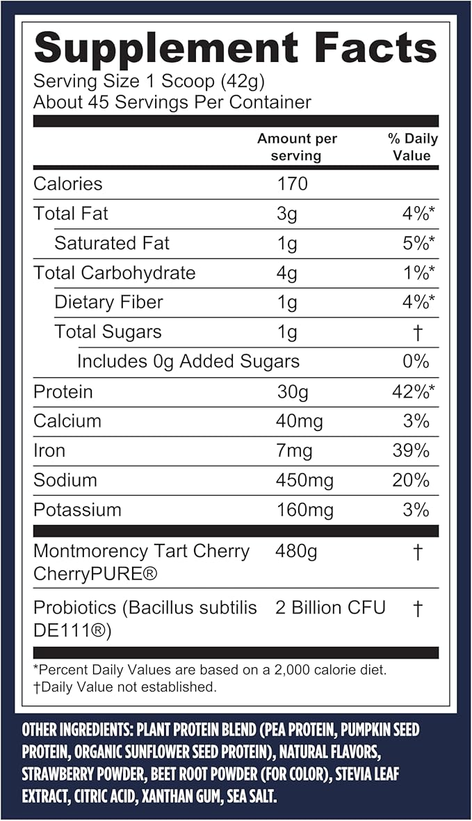 Vega Sport Vegan Protein Powder + Recovery - 30g Plant Based Protein per Serving, Berry, 45 Servings, 5g BCAAs, Probiotics, NSF Certified, For Shakes & Smoothies, 4.2lbs (Packaging May Vary)