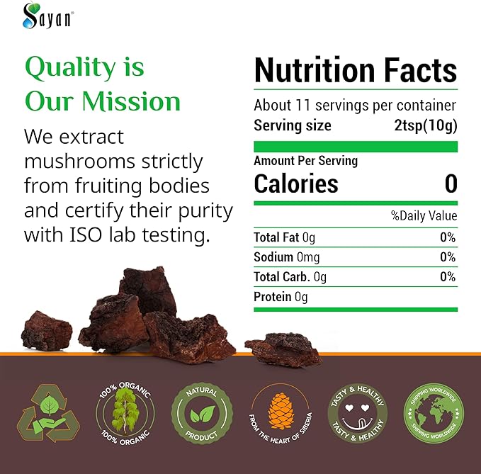 Sayan Siberian Pure Raw Chaga Mushroom Chunks with Black Top Crust 8 Oz / 223 g – Premium Wild-Harvested Antioxidant Tea for Immune Support, Focus and Digestive Health - Non-GMO
