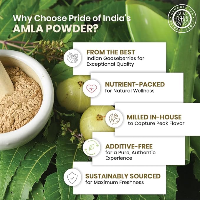 Pride of India – Amla Powder – Gourmet Spice – Tangy & Savory – Pure Indian Gooseberry Ground – Antioxidant Rich – GMO/Gluten Free – Easy to Use – 7 oz. Medium Dual Sifter Jar