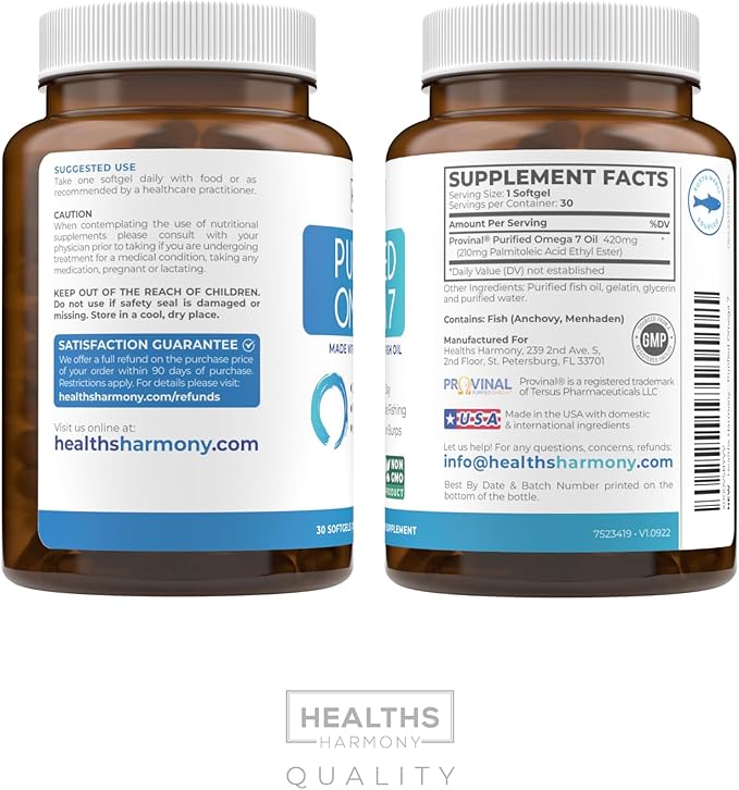 Omega 7 Supplement for Women and Men - High Potency & Purity Palmitoleic Acid Fatty Acid Fish Oil Supplement from Patented Provinal with Lowest Palmitic Acid - Sustainably Sourced (1 Month Supply)