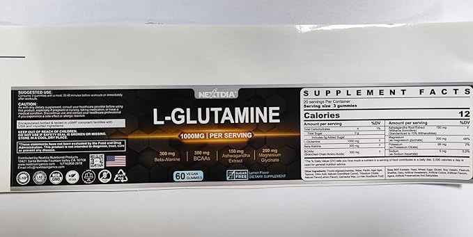 L-Glutamine 1000mg Gummies for Women & Men| with Beta-Alanine, BCAAs, Magnesium Glycinate, Potassium & Ashwagandha | Vegan | Sugar-Free & Extra-Chewy | 120 Counts