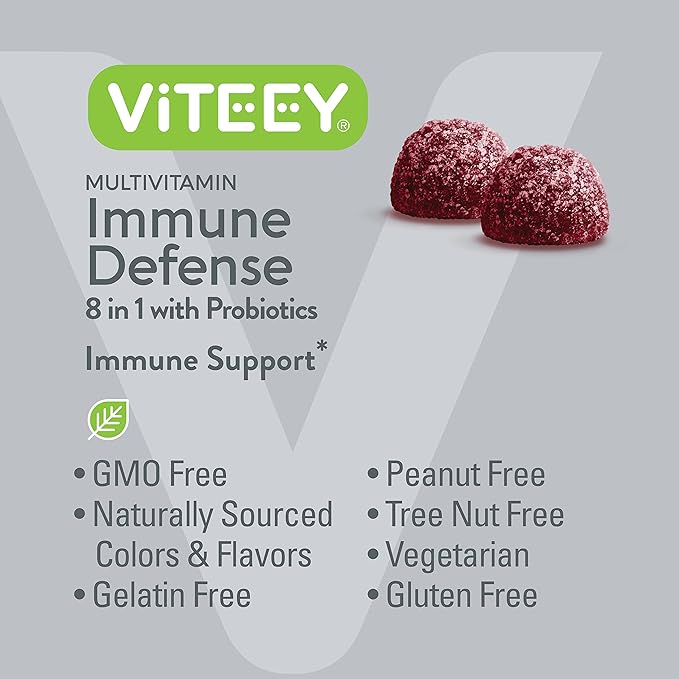 Viteey Multivitamin Gummies 8 in 1 Immune Support Supplement with Probiotics - Immune Boosters for Adults & Teens - Vegetarian, Gelatin Free, GMO Free - Chewable Berry Flavored Pectin Immune Defense