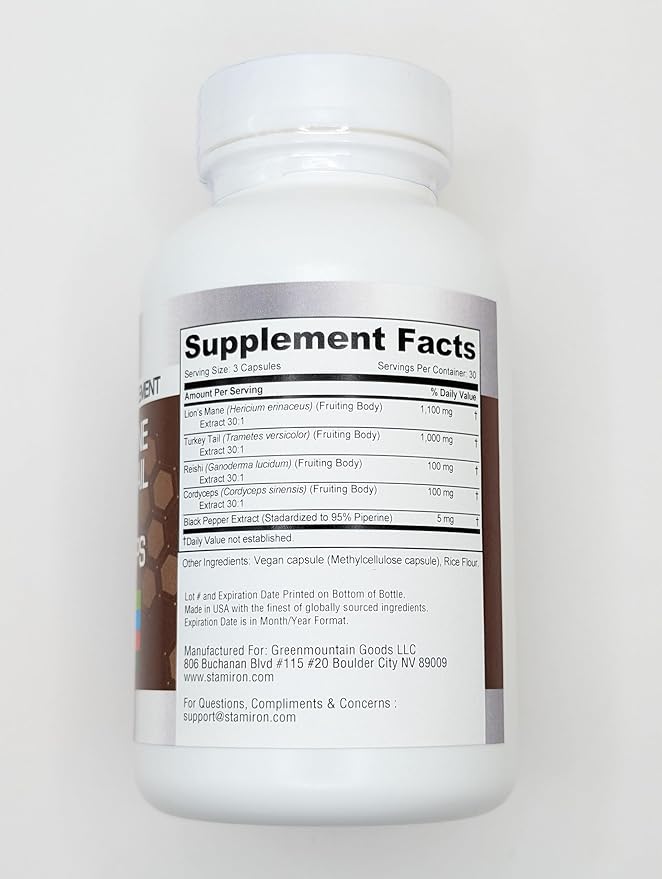 Stamiron Lions Mane Supplement Turkey Tail Mushroom Capsules with Cordyceps Extract & Reishi Mushrooms - Alt to Mushroom Gummies, Mushroom Powder, Mushroom Coffee - 90 Count