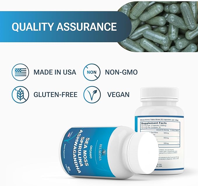 Sea Moss with Spirulina and Ashwagandha Blend Capsules, Mood, Immune Support & Stress Relief, Micro Ingredients & Antioxidants Source — Non-GMO, Vegan Superfood Supplement, 90 Count