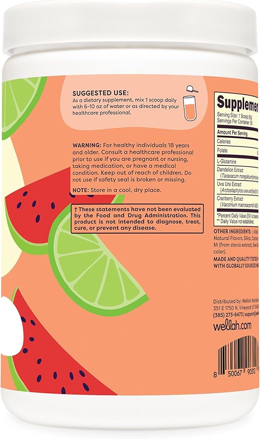 Wellah L-Glutamine Powder Watermelon Lime (50 Servings) - 5g L-Glutamine Per Serving, Sweetened with Stevia