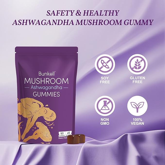 Ashwagandha Mushroom Gummies, Adaptogenic 7 Mushrooms Mix w/ashwagandha - Lion's Mane, Reishi, Chaga & Maitake - Ashwagandha Gummies for Energy, Cognitive & Immune Support, 90 Count