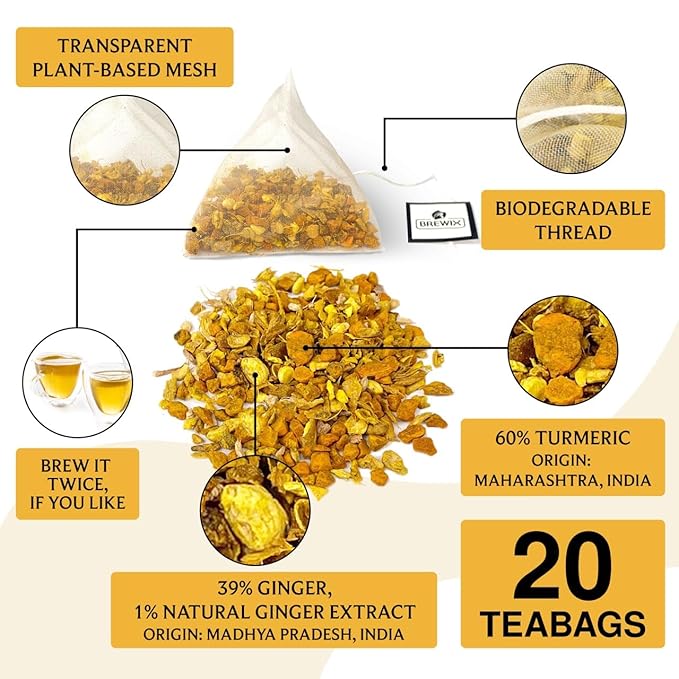 BREWIX, Turmeric Ginger Herbal Tea Bags (20 Pyramid Tea Bags) Real Ingredients From India, Naturally Caffeine Free | Pure Herbal Blend | Packed in Resealable Ziplock Pouch