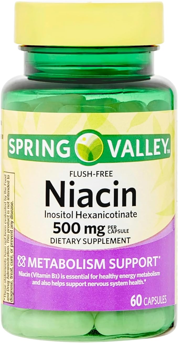 Vitamin B3 Niacin 500 mg Flush Free Capsules • Energy Metabolism Support • Nervous System Health • Dietary Supplement • 60 Pills by Spring Valley + Vena’s Sticker (Pack of 1)