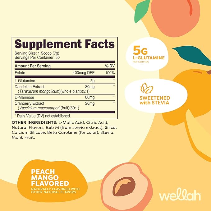 Wellah L-Glutamine Peach Mango (50 Servings) - 5g L-Glutamine Per Serving, Sweetened with Stevia