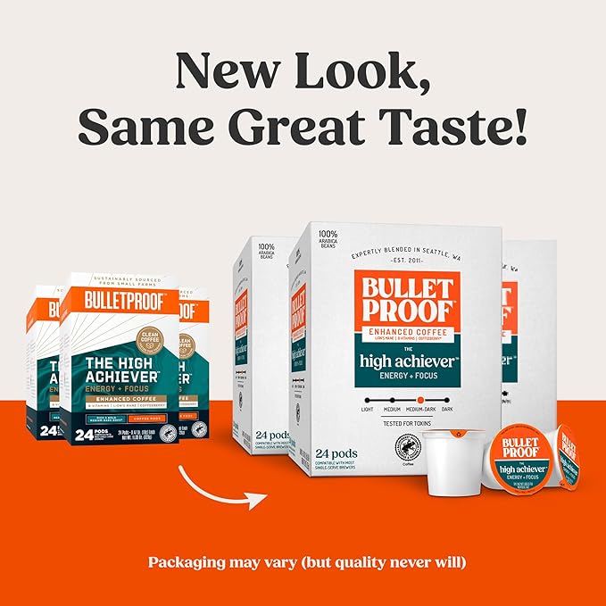 Bulletproof The High Achiever Single-Serve Pods, 72 count, Medium-Dark Roast Enhanced Coffee with Lion's Mane Mushroom, B Vitamins, and Adaptogens for Energy and Focus