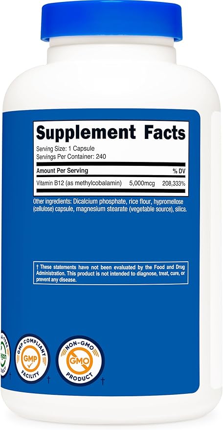 Nutricost Vitamin B12 (Methylcobalamin) 5000mcg, 240 Capsules - Vegetarian Caps, Non-GMO, Gluten Free B12 Supplement