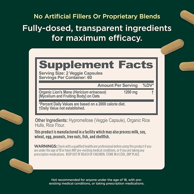 The Genius Brand Genius Lion's Mane - Plant-Based Supplement for Memory, Focus & Mood Support - Organic & Non-GMO - 120 Veggie Capsules