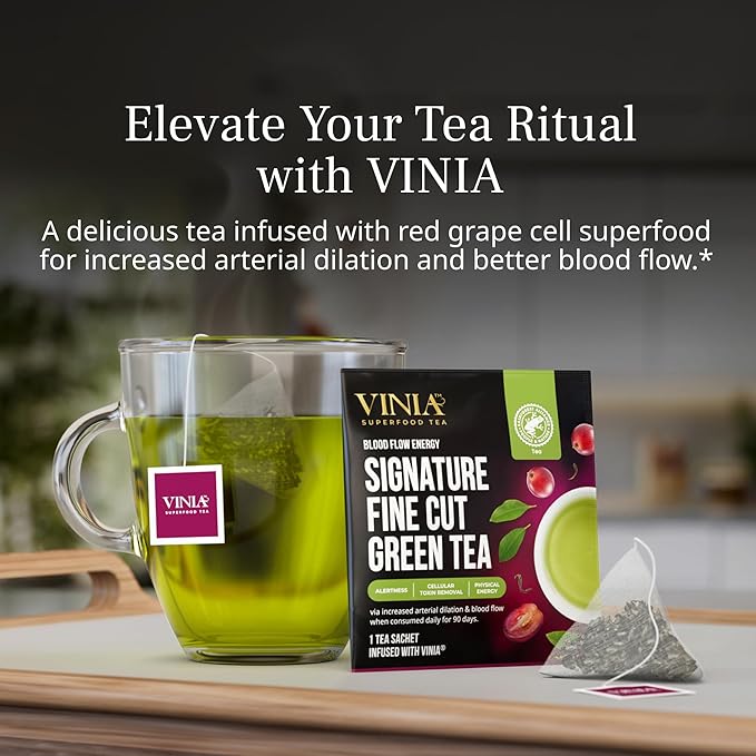 VINIA Signature Green Tea Bags, Made with Organic Green Tea, Infused with Piceid Resveratrol for Heart Health, Nitric Oxide, Physical Energy, Alertness, Blood Flow, Keto, Kosher, Non-GMO. 30 Ct