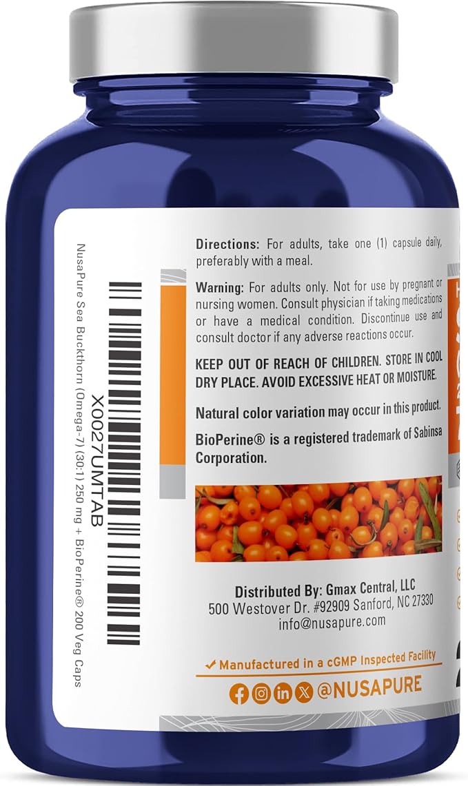 NusaPure Sea Buckthorn Omega-7 30:1 Extract, 250 mg Equivalent to 7,500mg per Veggie Caps - 200 Capsules - Non-GMO & Vegan