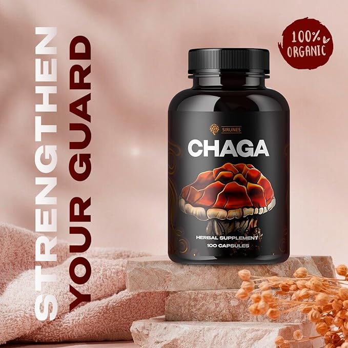 SIRUNES Mushroom Supplement Chaga Mushrooms Capsules 100 Count – 1000mg Natural Organic Mushrooms with Chaga Mushroom Powder – Antioxidant Supplement for Immune Support, Energy Boos