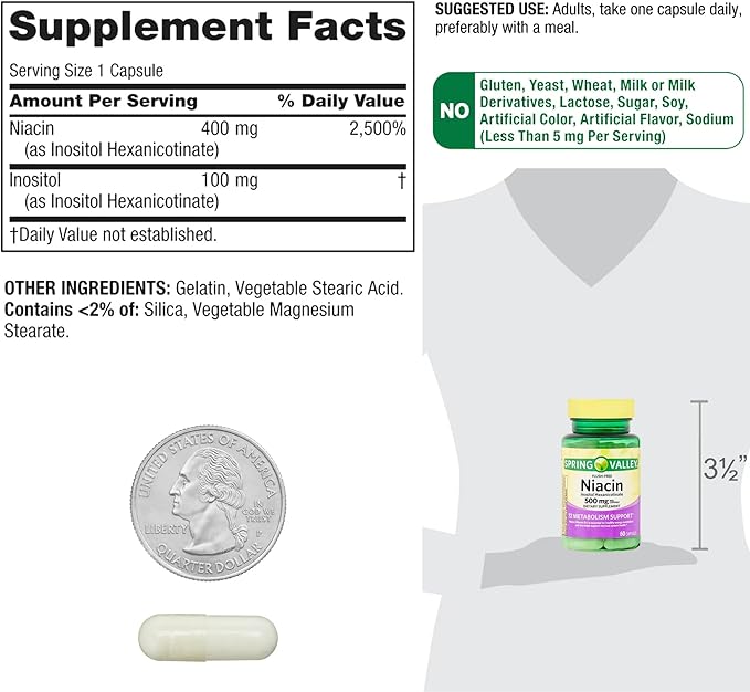 Vitamin B3 Niacin 500 mg Flush Free Capsules • Energy Metabolism Support • Nervous System Health • Dietary Supplement • 60 Pills by Spring Valley + Vena’s Sticker (Pack of 1)