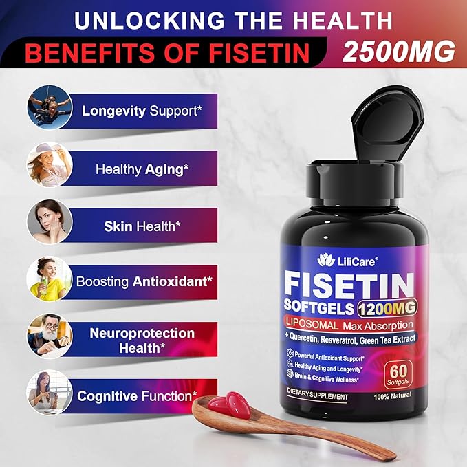 Fisetin Supplement - Liposomal Super Absorption 98% Pure 1200mg with Quercetin, Resveratrol, Green Tea Extract for Healthy Aging & Longevity, Skin Health, Brain & Antioxidant - 60 Softgels