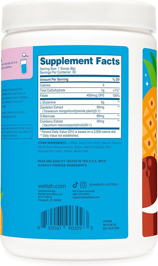 Wellah L-Glutamine Powder Blue Hawaii (50 Servings) - 5g L-Glutamine Per Serving, Sweetened with Stevia