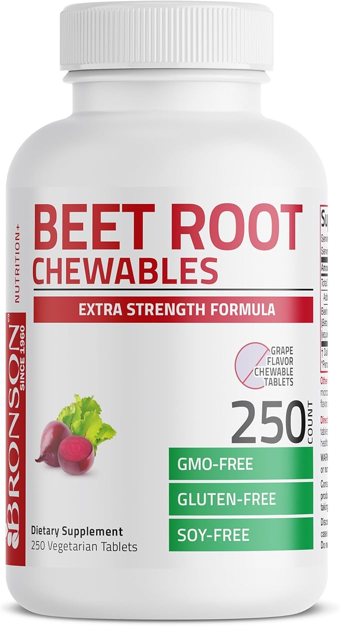 Bronson Beet Root Chewables 2000 MG, Grape Flavored - Extra Strength 2000 MG Per Serving Circulation Support Heart Health & Stamina, Non-GMO, 250 Vegetarian Grape Flavored Chewable Tablets