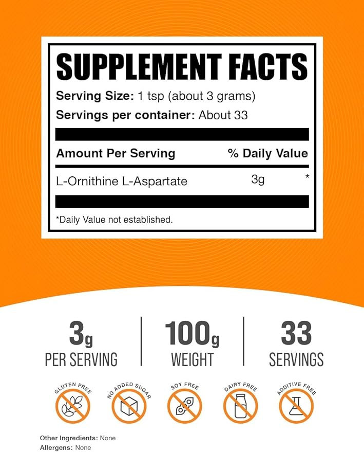 BulkSupplements.com L-Ornithine L-Aspartate Powder - Ornithine Supplement, Amino Acid Supplement - Gluten Free, 3g per Serving, 100g (3.5 oz) (Pack of 1)