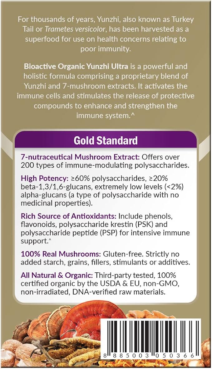 LABO Nutrition Bioactive Organic Yunzhi/Turkey Tail Ultra - 7 Mushroom Extract Supplement, Turkey Tail Cordyceps Maitake Reishi Agaricus blazei Shiitake for Immunity No Fillers Vegan USDA Organic