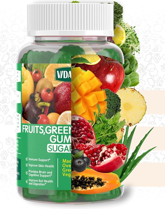 Sugar-Free Fruit and Veggie Gummies — 35+ Greens, Fruit and Vegetable Vitamins to Boost Immunity, Skin & Gut Health — Ideal Fruity Vegetable Supplement for Adults & Kids (60 Gummies)