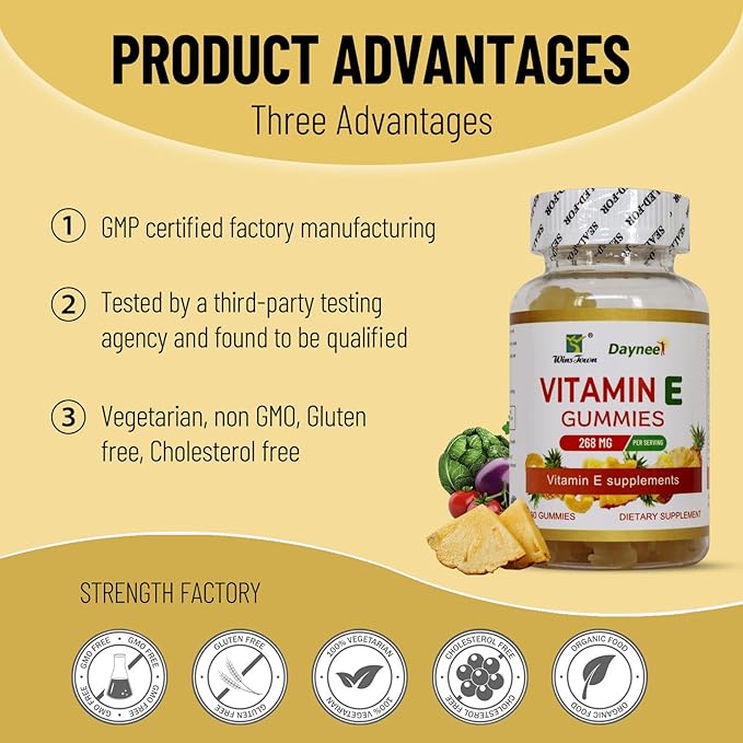 Vitamin E Gummies 268mg, Delicious, Vegan, Non-GMO, Adult Gummy Supplements, Immune, Skin & Eye Support, 60 Count