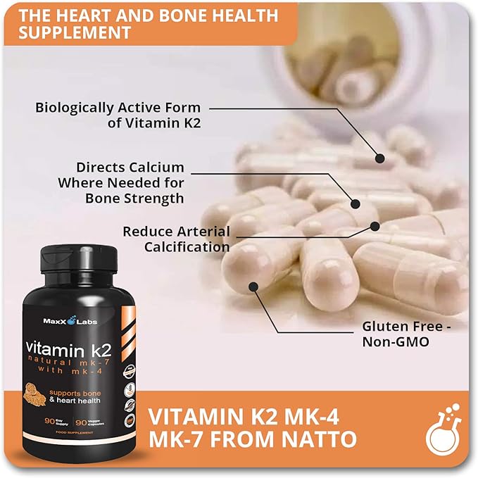 Vitamin K2 Supplement - Full Spectrum Vitamin K2-MK7, MK4 & Vitamin D - High Strength K2 Works with Vitamin-D3 - Vitamin-K 600mcg - Supports Bone Health - 90 Capsules