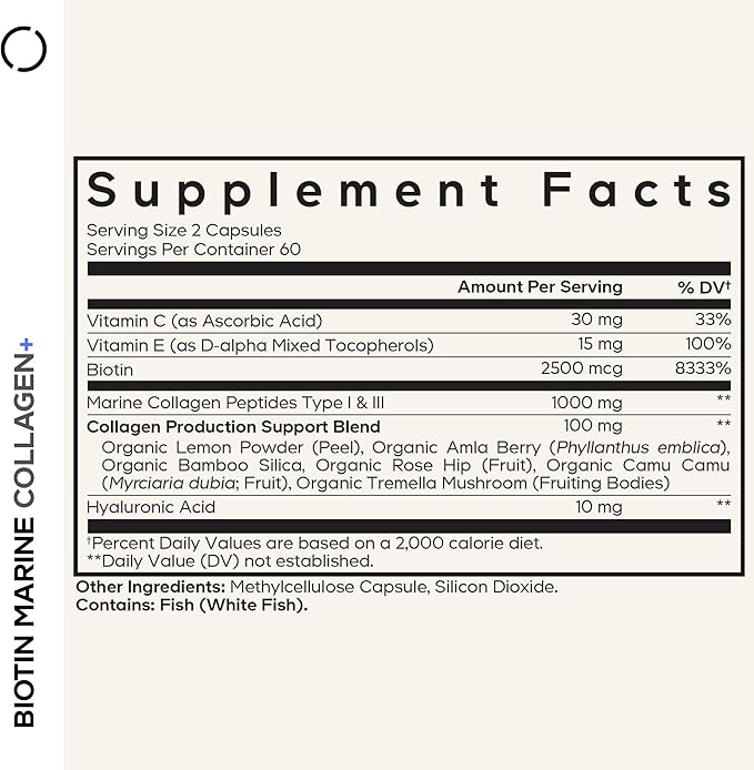 Codeage Biotin Marine Collagen Peptides - Wild-Caught Marine Collagen Types I & III, Biotin, Vitamins C & E, Hyaluronic Acid, Amino Acids, Fruit and Herb Blend, Non-GMO - 120 Capsules