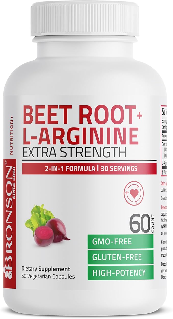 Bronson Beet Root + L-Arginine Nitric Oxide Production - Non-GMO, 60 Vegetarian Capsules
