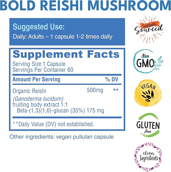 Reishi Mushroom Capsules - 100% Fruiting Body - Concentrated Organic Reishi Extract for Immune Support & Core Wellness - No Mycelia & No Grain - 60 Vegan Capsules