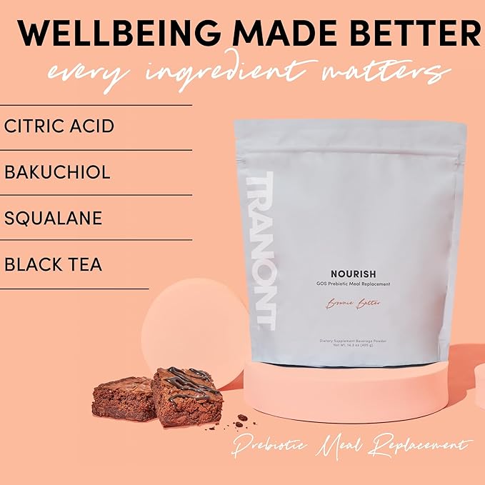Tranont Nourish GOS Prebiotic Meal Replacement Shake | Brownie Batter Flavor | 14.3 oz | Supports Gut Health & Skin Care | Packed with Vitamins & Minerals | Vegan | Protein Powder | Vitamin C and B