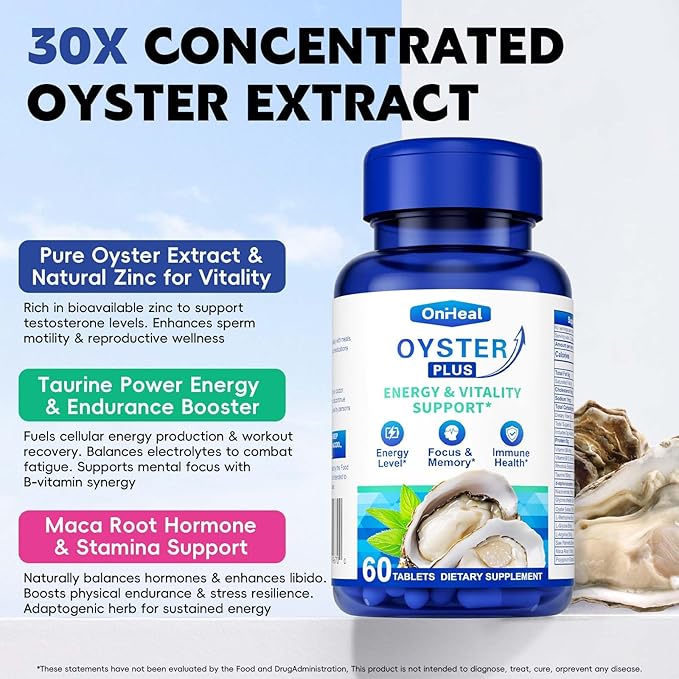 Premium Oyster Supplement - Contains Oyster Powder 100% Natural Oyster Extract, Rich in zinc and Minerals, 500mg, boosts Immunity and Energy, Oyster Supplement for Men and Women, 60 Tablets (OH-ML)