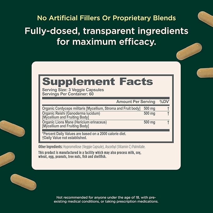 Genius Mushroom Supplement - Full-Spectrum Lion’s Mane, Cordyceps, Reishi -Daily Brain Nootropic for Energy, Focus, Memory & Overall Wellness - 90 Capsules – Organic for Mental Clarity & Performance