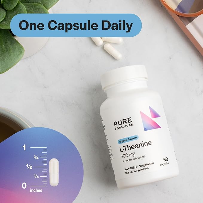 PureFormulas L Theanine Supplement 100 mg, L-Theanine Supports Stress Levels, Relaxed State, Mood, Sleep, Dairy Free, Soy Free, Non-GMO 60 Vegetarian Capsules