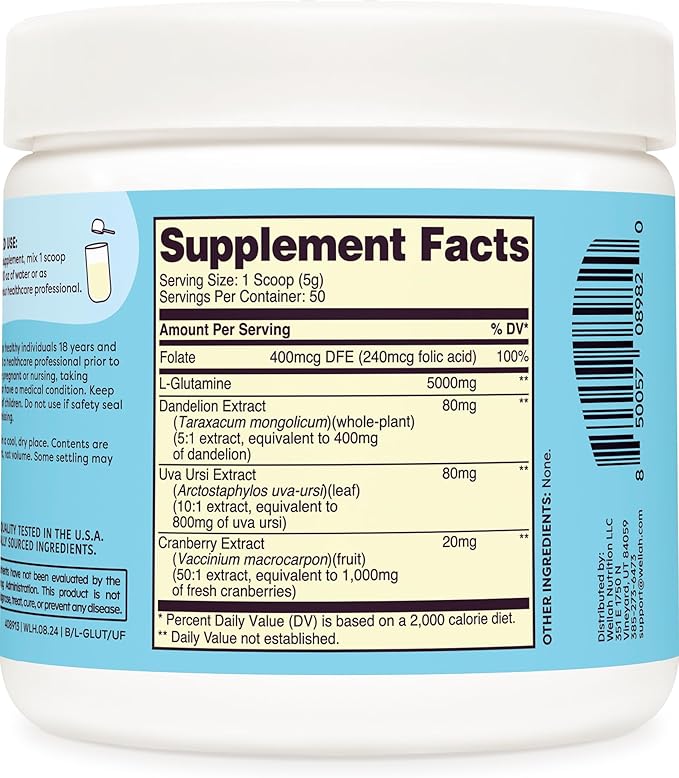 Wellah L-Glutamine Powder Unflavored (50 Servings) - 5g L-Glutamine Per Serving, Sweetened with Stevia