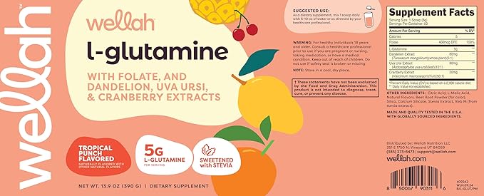 Wellah L-Glutamine Powder Tropical Punch (50 Servings) - 5g L-Glutamine Per Serving, Sweetened with Stevia