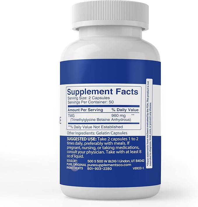 Pure Original Ingredients TMG Trimethylglycine (Betaine Anhydrous), (100 Capsules) Always Pure, No Additives Or Fillers, Lab Verified