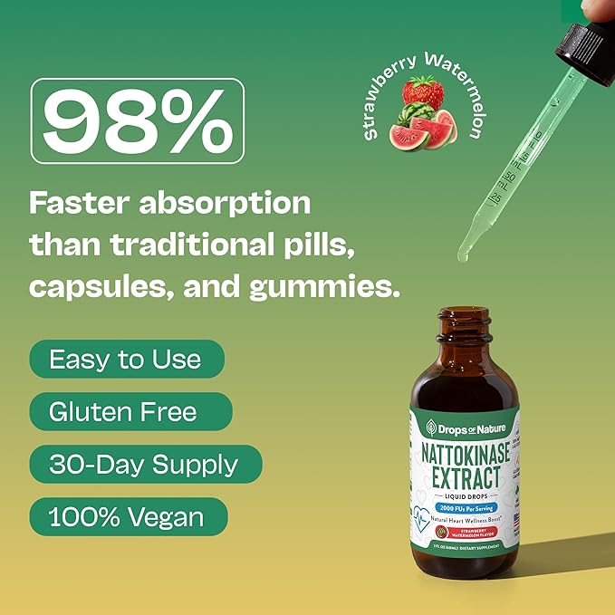 Nattokinase Supplement Liquid Drops – Made of Nattokinase 2000 FU Extract – Vegan, GMO-Free – Liquid Alternative to Natto Veggie Caps – Aids in Maintaining Heart Wellness (Strawberry Watermelon, 60mL)