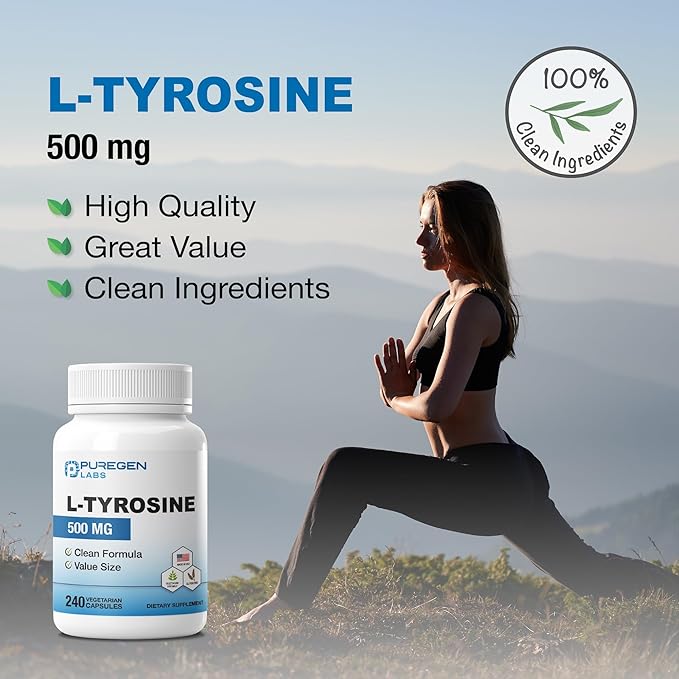 Puregen Labs L-Tyrosine 500 mg, Total - 480 Vegetable Capsules | No Harmful Additives | Brain & Nervous System Support, Non-GMO, Vegan, Gluten Free, Dairy Free - 480 Servings - Made in USA