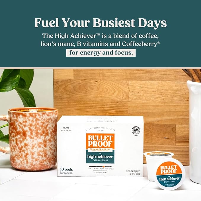 Bulletproof The High Achiever Single-Serve Pods, 10 count, Medium-Dark Roast Enhanced Coffee with Lion's Mane Mushroom, B Vitamins, and Adaptogens for Energy and Focus, Packaging May Vary