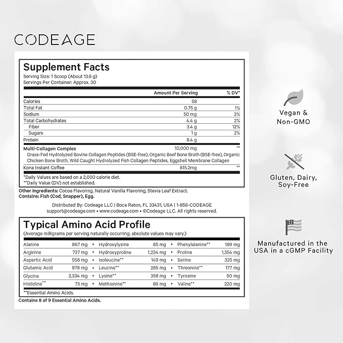 Codeage Multi Collagen Peptides Protein Powder - Chocolate Mocha Instant Coffee - Gourmet Knoa Coffee Drink & Shake - Collagen Type I, II, III, V & X - Grass-Fed, Hydrolyzed, Non-GMO - 14.39oz