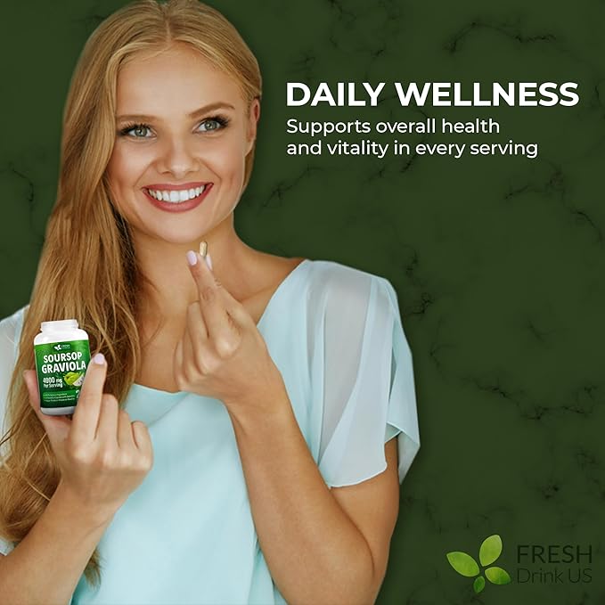 FRESHDRINKUS, Premium 200 Soursop Capsules, 4000mg per Serving, 100 Days Supply – 100% from Natural Soursop Graviola Fruits and Leaves Extract, Vegan Capsules, Non-GMO, Gluten-Free.