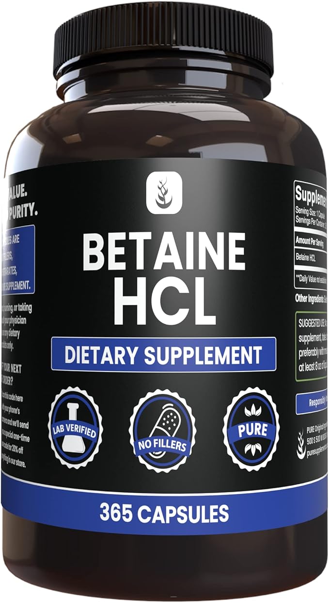 PURE ORIGINAL INGREDIENTS Betaine HCL (365 Capsules) No Magnesium Or Rice Fillers, Always Pure, Lab Verified