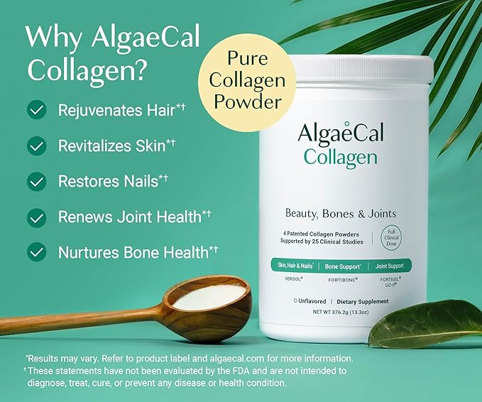ALGAECAL Collagen - 4 Clinically-Supported Peptides VERISOL®, FORTIGEL®, UC-II®, FORTIBONE®, Anti-Aging Hydrolyzed Collagen Powder, 3 Packs, Made in USA