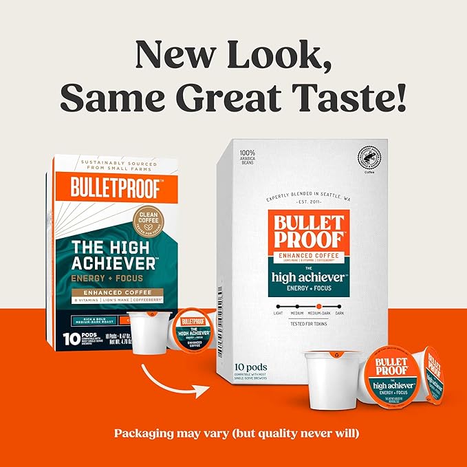 Bulletproof The High Achiever Single-Serve Pods, 10 count, Medium-Dark Roast Enhanced Coffee with Lion's Mane Mushroom, B Vitamins, and Adaptogens for Energy and Focus, Packaging May Vary