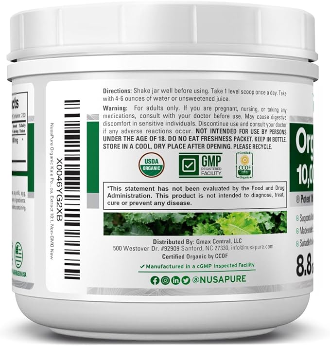 NusaPure Organic Kale Powder 10,000mg per Serving, 8.8 Ounce, Extract 10:1, Non-GMO