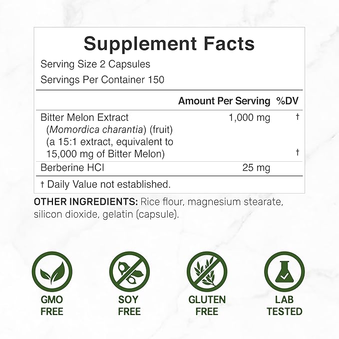 Bitter Melon with Berberine Supplement 15,000mg Per Serving, 300 Capsules | 15:1 Wild Bitter Melon Fruit Extract & Berberine HCL | Third Party Tested | Plant Based, Non-GMO